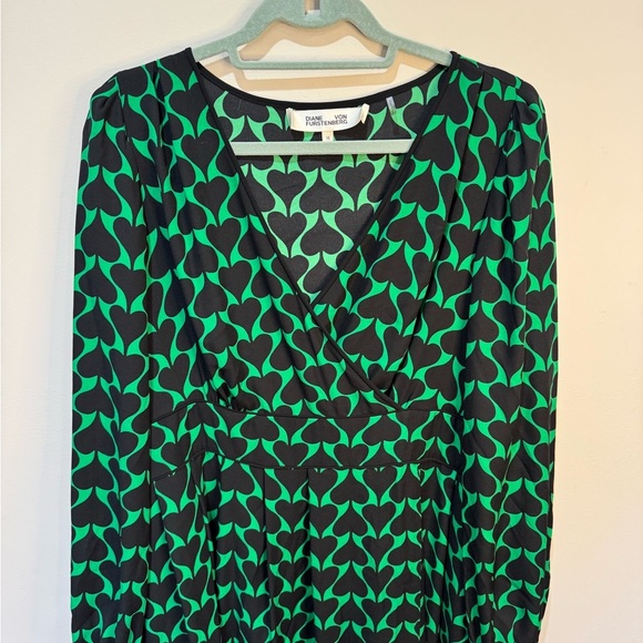 Diane Von Furstenberg Long Sleeve Faux Wrap Midi Dress Green Black Sz 16 no belt - Picture 2 of 14